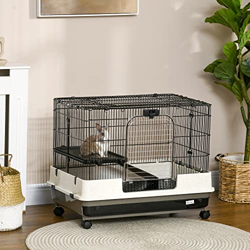 PawHut 26" Small Animal Cage with Wheels, 2-Level Portable Bunny Cage, Chinchilla Ferret Cage with Removable Tray, Platform and Ramp | Portable Chinchilla Ferret Cage, Platform, Ramp - size: 31.5"L x 20.8"W x 26.0"H