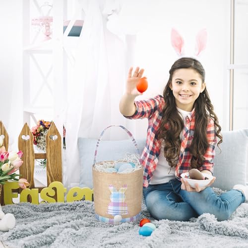 Easter Bunny Basket Canvas Easter Egg Hunts Decorations Storage Reusable Grocery Candy Bag Gifts - style: Blue+pink