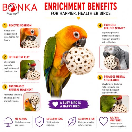 Bonka 1214 Pk3 2.25" Sola Atta Balls Bird Foot Chew Toy Small Medium | Soft lightweight natural pith encourages shredding, chewing, tossing, and foot play - color: Pk3 Sola Atta Balls
