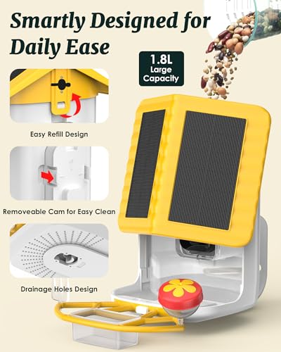 Bird Feeder with Camera Solar Powered 2K Video with 32GB Card Auto Capture | Instant App Alert, AI Identify, Easy Refill, 1.8L Capacity, IP65 Weatherproof, Pole/Bracket Mount, 3 DIY Add-ons, 2.4G Wifi - color: Yellow