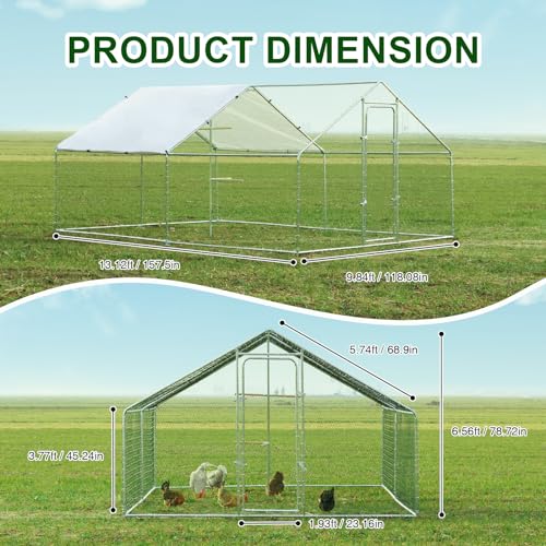 Chicken Coop Large Metal Chicken Run, Outdoor Walk-in Poultry Spire Roof Cage with Chicken Perch for Hen House, Duck Coop and Rabbit Run, Silver (9' L x 13.1' W x 6.56' H) - size: 157.5"L x 118.1"W x 78.7"H