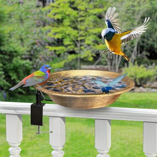 WANGIRO 11.4" Deck Mounted Bird Bath Metal Detachable Bowl Antique Bronze | Sturdy Clamp Easy Install, Detachable Bowl Easy Clean, Attracts Birds, Ideal Gift for Nature Lovers Garden Patio Decor