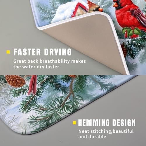 Winter Red Cardinal Bird Dish Drying Mat for Kitchen Counter,Holly Berry Branches Xmas Snowflake Cabin Drying Mat 16 x 18 Inch with High Absorbent Microfiber Drainer Mat for Coffee Bar - color: Red Bird, size: 16" x 18"