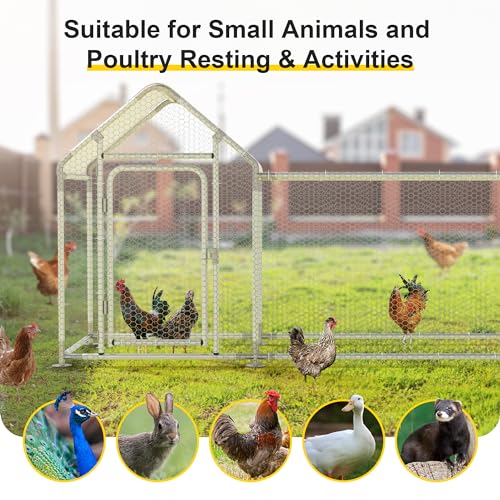 Metal Chicken Coop, Walk-in Chicken Run with Waterproof & Anti-UV Cover Poultry Cage Spire Roof with Lockable Door Chicken Hen House for Duck Rabbit Outdoor Farm - size: 113.5"L x 39.5"W x 59.0"H