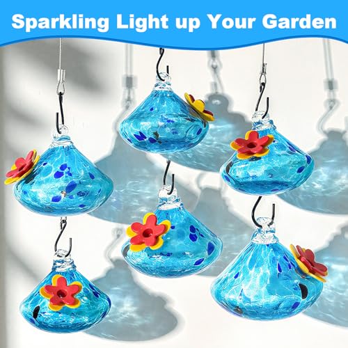 Wind Chime Glass Hummingbird Feeder - 20 Oz Outdoor Hanging Feeder with 6 Ports Attract More Hummingbirds, Leak-Proof Design, Unique Garden Backyard Decor & Ideal Gift, Blue