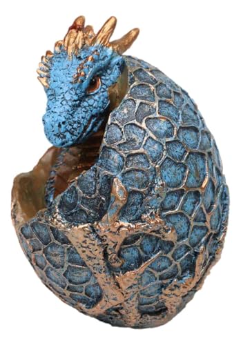 Ebros Gift Metallic Bronze and Blue Azure Dragon Hatchling in Dragon Scales Egg Figurine Medieval Gothic Fantasy Dragons Accent