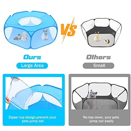 Small Animal Playpens with Top Cover, Foldable Breathable Small Pets Cage Tent Outdoor Indoor Portable Play Pen for Guinea Pig Hedgehog Hamster Cat Rabbit Bunny Puppy Ferret Rat Chicks (Blue) - color: Blue