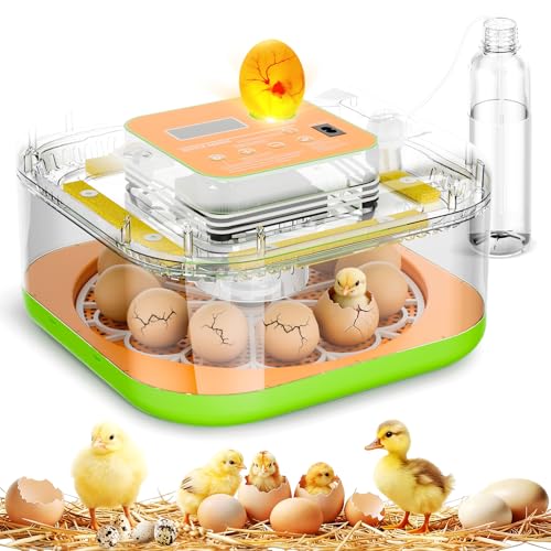 Incubator for Hatching Eggs, Temperature and Humidity Control, Automatic and Adjustable Egg Turning & Incubation Day, Built-in Egg Candler, 12 Egg Incubator for Hatching Chicken, Duck, Turkey, Bird