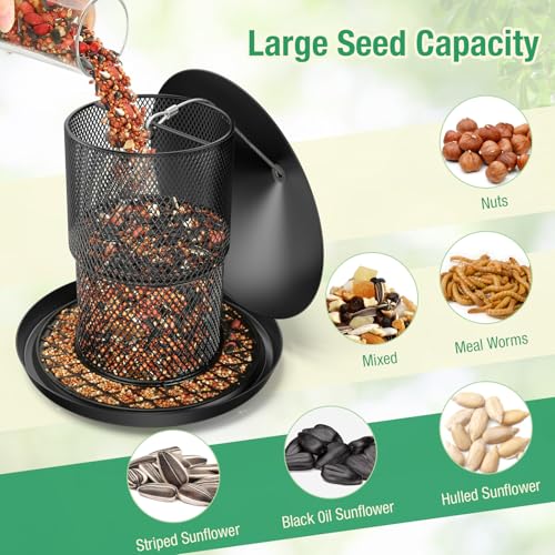 Bird Feeder for Outdoor Hanging, No Mess No Spill and Squirrel Proof Feeder | Squirrel Proof Bird Feeder with Catch Tray - Large Capacity All-Metal for Outside Hanging