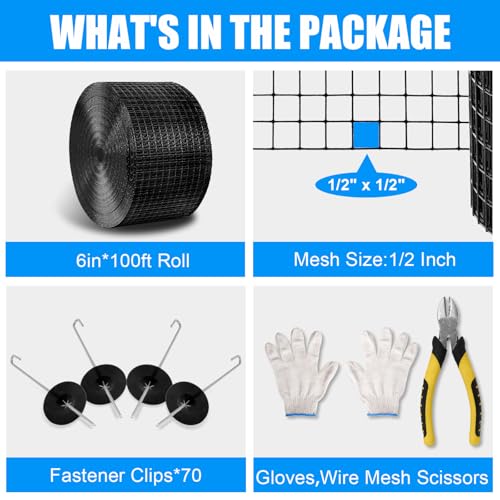6in X 100ft Solar Panel Bird Guard - 1/2" Black PVC Mesh Galvanized Net | Rust-Resistant Net, Critter Guard for Solar Panels with 70 Fastener Clips, Gloves, Cutting Pliers - size: 6in X 100ft