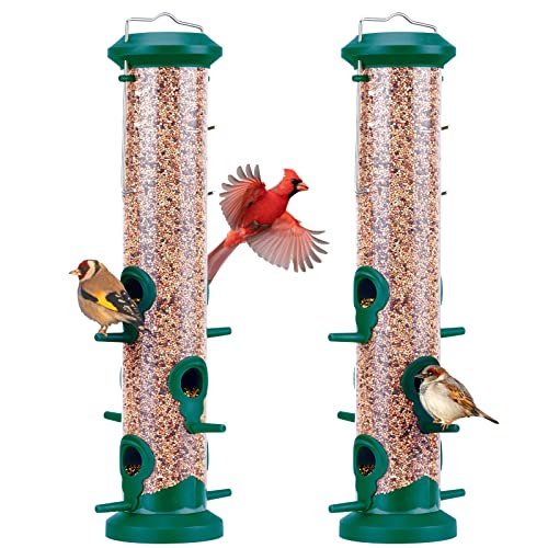 Kingsyard 2 Pack Tube Bird Feeders for Outdoors Hanging, Premium Hard Plastic Bird Feeder with 6 Feeding Ports, Weatherproof & Steel Hanger, Attracting for Wild Birds (Green) - color: Green