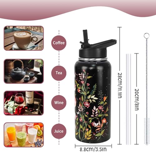 Goth Water Bottle with Straws Insulated Bottle Halloween Gothic Flower Moon Travel Thermal Double Walled Vacuum Cup Leak Proof Stainless Steel Tumbler Witchy Decor Gifts-32 oz - color: Champagne gold black