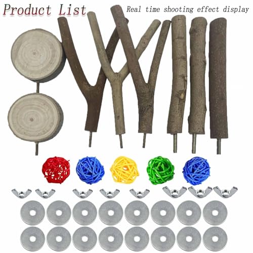 8 PCS Natural Wood Bird Perches Stand for Cage, 5 PCS Parrot Rattan Balls, Wooden Hanging Multi-Branch Perches Platform, Hammock Swing Toy for Parakeets, Budgies, Cockatiels, Conures, Macaws (13 PCS)