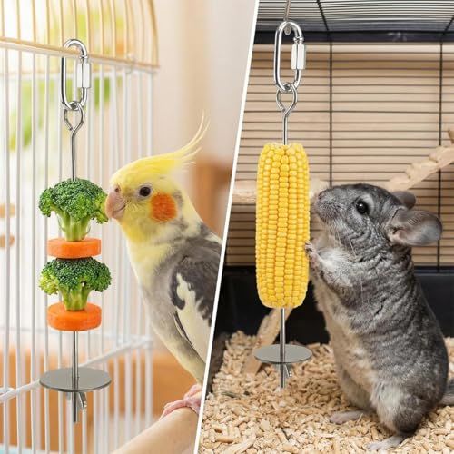 4 PCS Bird Cage Food Holders Stainless Steel Stick Feeder Parrot Fruit Vegetable Skewer Hanging Small Animal Hanging Foraging Accessories for Bird Parakeet Cockatoo Cockatiel