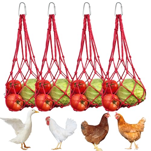 Chicken Vegetable Hanging Feeder 4 PCS, Reusable String Bag with Hook for Chicken Toys, Poultry Fruit Holder for Hens and Ducks, Lettuce Cabbage Feeder for Enrichment, Chicken Coop Accessories(Red) - color: Red