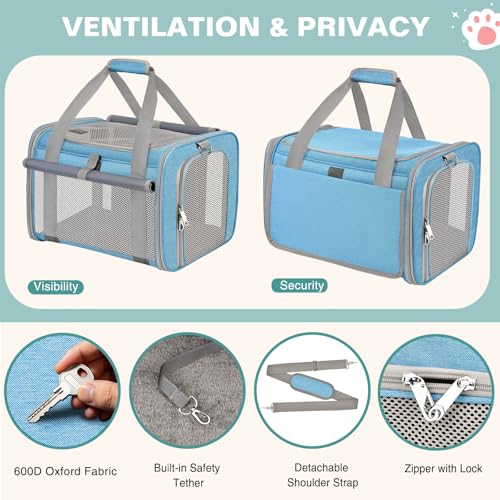 Cat Carrier Airline Approved Privacy Portable Top Load Pet Travel Bag | Soft Sided Pet Carriers for Small Cats Dogs Puppy up to 16 Lbs,Collapsible,Zipper Lock,Luggage Sleeve,2 Storage,Washable - color: Sky Blue