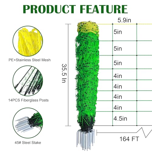 35.5"x164' Electric Fence Netting for Garden Goats Chicken | Electric Poultry Netting with Fiberglass Posts and Double-Spiked Stakes, Portable Mesh Fence for Backyards, Farms and Ranches