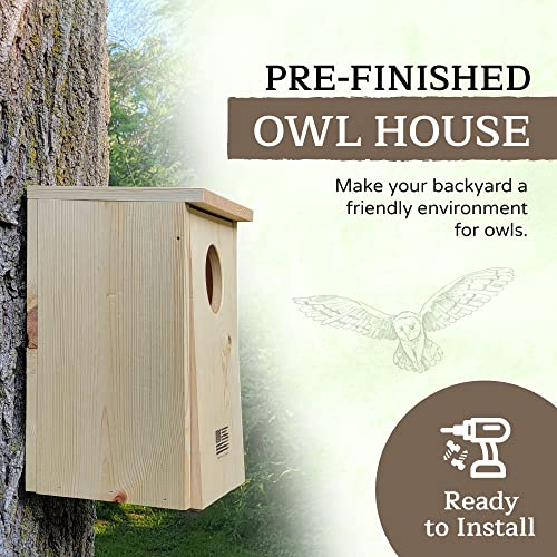 Made in USA, Wood Owl House with Oval Opening, Kestrel Bird Houses for Outside, Easy-to-Install Nesting Boxes for Screech, Boreal, Northern Saw Whet Owls, and American Kestrels - Applewood Outdoor