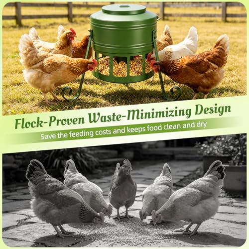 Metal Chicken Feeder, 20Lbs Large No Waste Chicken Feeder with 12 Ports, Heavy Duty Poultry Feeder with Lid & Handle, Rat Proof Rust Proof Feed Box for Chickens Ducks Geese Backyard Farm (Green) - color: Green