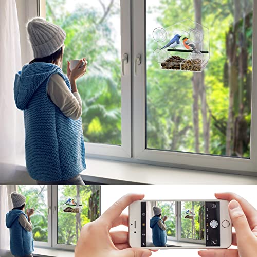 Acrylic Window Bird Feeder with 4 Strong Suction Cups, Clear and Transparent Bird House, Removable Food Tray with Drain Holes, Easy Install and Clean for Backyard and Viewing