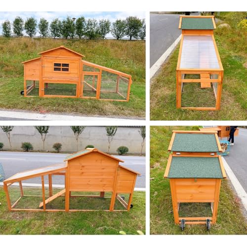 Mobile Chicken Coop with Wheels, Portable Hen House for 4-6 Chickens, Wood Outdoor Poultry Cage with Large Run, Waterproof Asphalt Roof, Side Nesting Box and Easy Clean Slide-Out Tray