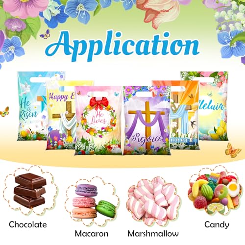 Honeydak 60 Pcs Religious Easter Treat Bags Plastic Easter Candy Treat Goodie Cookie Bags Christian Cross Party Favors for Spring Sunday School Church Party Supplies