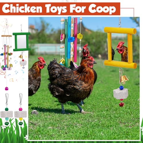 VioraWhite 7 Pcs Chicken Toys, Hanging Chicken Wind Chime, 2 Pcs Coop Mirror Toys with Bells 4 Pack Beak Grinding Stones, Musical Coop Accessories for Hens Roosters Chicks Poultry Birds(Yellow，Green) - color: Yellow，green