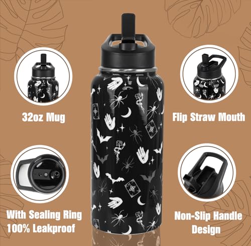 Goth Water Bottle with Straws Insulated Bottle Halloween Gothic Bats Travel Thermal Double Walled Vacuum Cup Leak Proof Stainless Steel Tumbler Witchy Decor Gifts-32 oz - color: Black