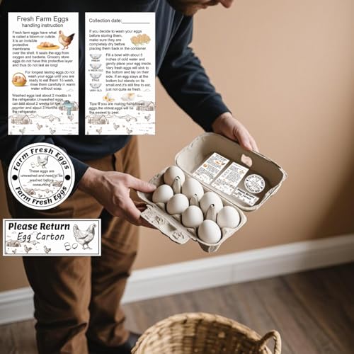 Egg Carton Label Kit, 1400 Pieces, Stickers and Handling Cards | 200 Egg Handling Instructions Stickers for Farm Fresh Eggs 600 Farm Fresh Eggs Stickers - color: Egg Set