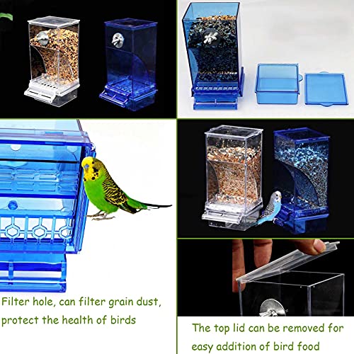 kathson No-Mess Bird Feeder Parrot Integrated Automatic Feeder Seed Food Container Acrylic Finch Foraging Feeders with Perch Cage Accessories for Small Birds Parakeet Canary Cockatiel Lovebirds - color: Clear