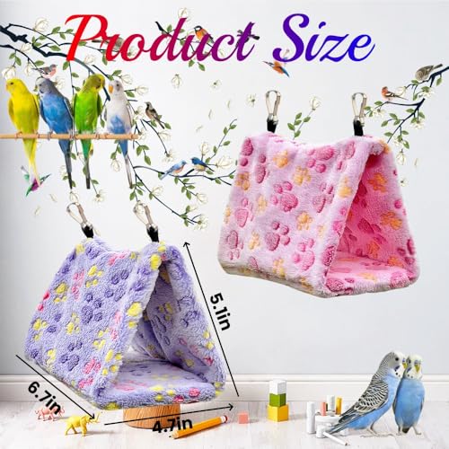 2 Pack Bird Nest Plush Snuggle Bird Hammock Hanging Bird Cave Parrot Sleeping Bed Shed Hut Hanging Tent for Budgies Finch Parakeet Cockatiel Cockatoo Lovebird-Foot Pattern (Pink&Purple) - color: Pink&Purple(Foot Print)