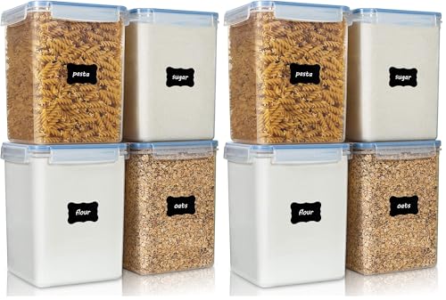 Vtopmart Large Food Storage Containers 5.2L / 175oz, 4 Pieces BPA Free Plastic Airtight Canisters for Flour, Sugar, Baking Supplies, Rice with Lids, 4 Measuring Cups and 24 Labels, Blue (Pack of 2) - color: Blue, size: 5.2L (Pack of 2)