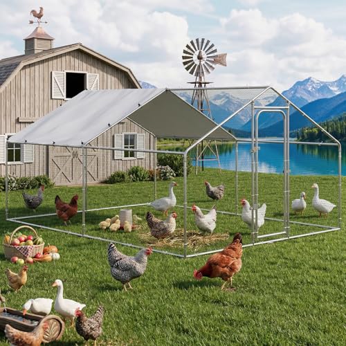 LEMBERI Metal Chicken Runs for Yard, Spire-roof Large Walk in Chicken coop cage for Outside,Galvanized Rabbits Duck Run and coops,Chicken Pen with Waterproof Cover for Outdoor,Backyard and Farm - size: 158.4"L x 118.1"W x 76.8"H