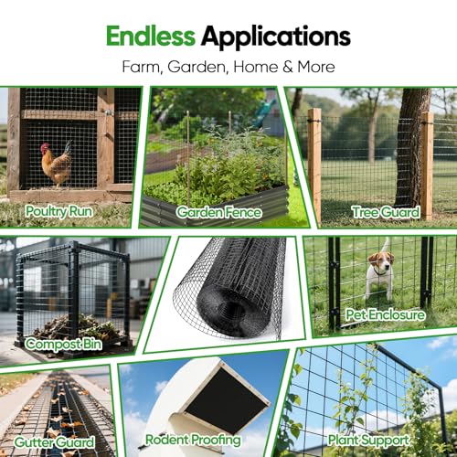 Black Hardware Cloth 24 in x 100 ft, 1 Inch Hardware Cloth, 19 Gauge Vinyl-Coated Steel 1x1 Welded Wire Mesh Roll for Chicken Wire Fencing, Chicken Coop, Garden Fence, Rabbit Fence and Catio