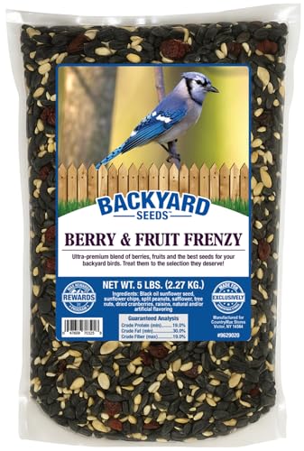 Backyard Seeds Berries 'N Fruit Bird Seed Mix 5lbs - Premium Blend with Dried Fruit & Berries, Large Bag of Wild Bird Food - size: 5 Pound (Pack of 1), style: Berry and Fruit Frenzy