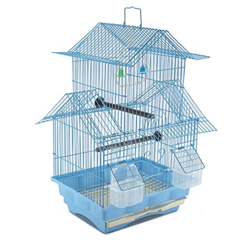 Small Blue 18-inch Wire Bird Cage for Budgies, Parakeets, Finches, Canaries, Lovebirds, Quaker Parrots, Cockatiels, Conures - Perfect Travel Cage and Hanging Bird House