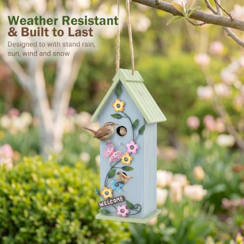 Yinns Hanging Birdhouse, Garden Decorative Wooden Bird House for Outdoor | Hanging Bird Houses for Outdoor, Colorful Flower Two-Tiered for Humming Bird, Bluebird, Wren Nesting - color: E-Two-Tiered Wood