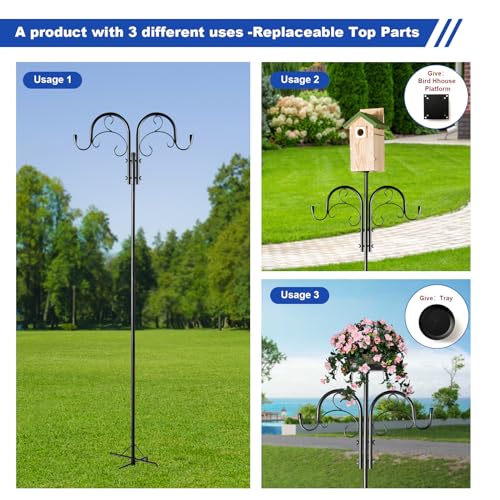 92" Double Shepherds Hook Heavy Duty, Metal Garden Plant Stand | 5-Prong ground base double shepherd hook with top platform bracket 0.75" rustproof tall pole for hanging plants & bird feeder