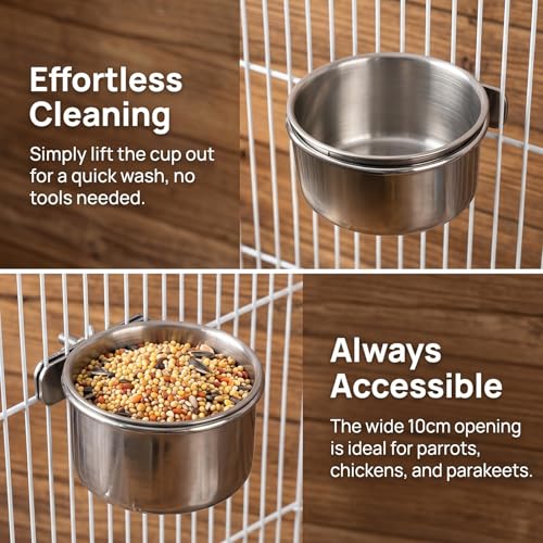 4pcs Stainless Steel Bird Food & Water Bowls with Clamp Holders - 3.9 * 1.7" Durable Cage Feeders for Parrots, Conures, Budgies, Parakeets, Lovebirds - Easy-Clean Pet Bird Feeding Cups