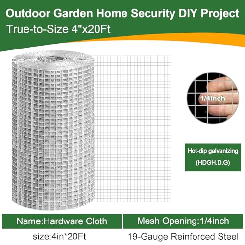 4in x 20ft Hardware Cloth 1/4 inch Chicken Wire Fencing Mesh | Hot-Dip Galvanized Welded Heavy Duty 23 Gauge steel for Garden, Rabbit Cage, Rodent Poultry Enclosures & Predator Protection - size: 4in x 20ft