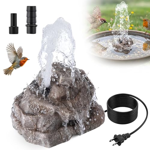 All Weather Electric Bird Bath Fountain, 8W Water Pump Resin Granite Rock | 2 Nozzles and 3 Adjustable Flow Modes, IPX8 Waterproof Outdoor Fountain Pump for Bird, Birdbath, Fish Tank, Ponds