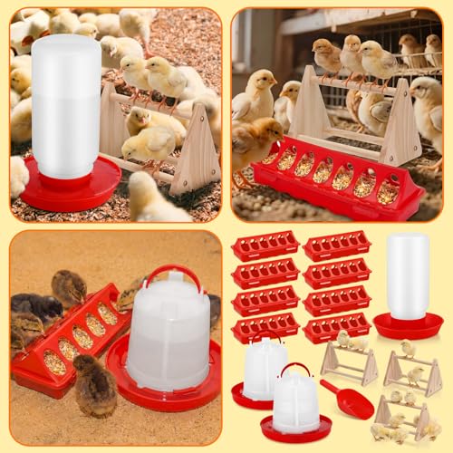 15 Pcs Chick Waterer and Feeder Kit 12-Hole Flip-top Chicken Feeders 1 L Chicken Water Dispenser 1.5 L Hanging Waterer & Feed Scoop Wooden Chicks Perch Chick Starter Kit for Poultry Brooder