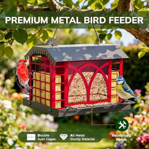 Bird Feeders for Outdoors Hanging, Metal Bird Feeder with Double Suet Cage Weatherproof Metal Roof, 3.5Lbs Large Capacity Great for Attracting Finch Cardinal Chickadee Wild Birds, Berry Red - color: Berry Red