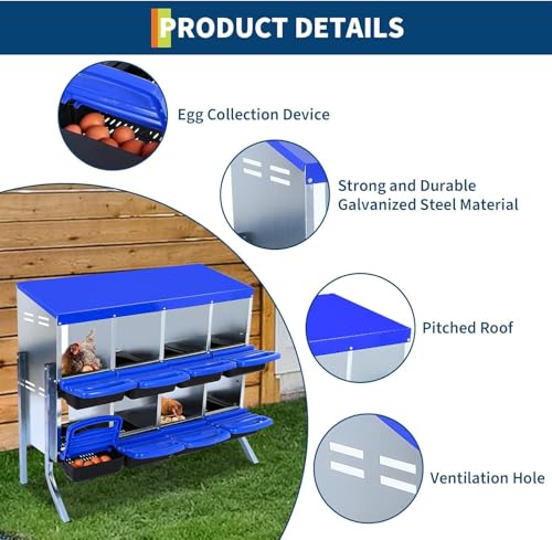 8-Hole Chicken Nesting Box with Removable Lid, Metal Chicken Coops with Roll Away Design/Easy Egg Collection/Ventilation Holes, for Chickens Coops, Duck and Hens - color: Blue, size: 8 holes with legs