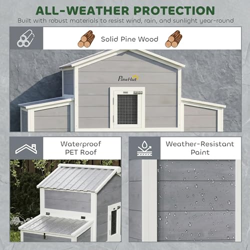 PawHut 66.5" Large Chicken Coop with Waterproof Roof, Ramp for 2-4 Hens | Wooden Chicken House, 2 Nesting Boxes, Sliding Tray, Outdoor Hen House Poultry Cage, Farm, Backyard