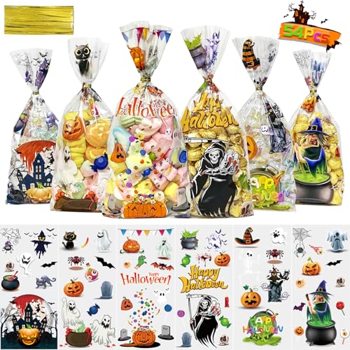 QOIUSO Halloween Cellophane Treat Bags: 54Pcs Clear Halloween Trick or Treat Goodie Bags with 60Pcs Twist for Candy Cookies Gifts Packaing, Kids Party Favor Bags (10.8 * 5.1in) - color: Halloween-54pcs