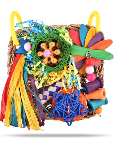 ERKOON Bird Cockatiel Toys Foraging Toys Hanging Parrot Toys for Lovebrid Parakeets Conures Bird Foraging Wall with Colorful Toys for Birds Shredding Seagrass, Birds Cage Toy Accessories - size: Small grass mat-1 Pack