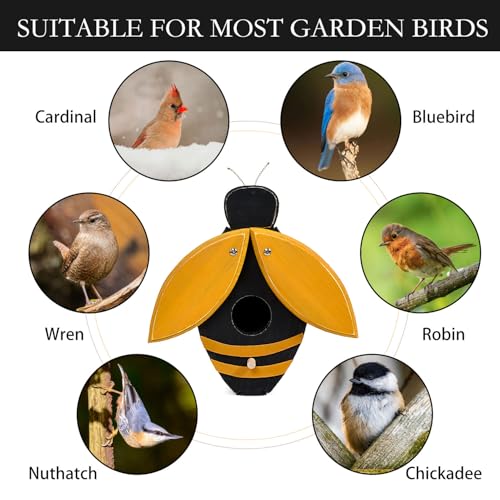 Bee Shaped Wooden Birdhouse - Handmade Bird Houses for Outside - Cute Bee Design for Garden Decoration