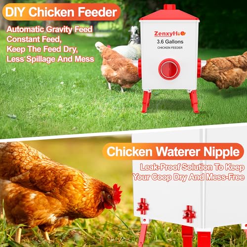 ZenxyHoC No Waste Chicken Feeders and Waterers - 4 Set with Water Nipples | for Buckets Barrels Bins Troughs No Waste Chicken Feeder - size: 4 Ports and 4 Nipples Standard