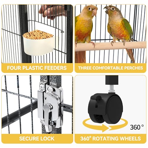 DWVO 41-inch Metal Bird Cage | Large Parrot Cages with Rolling Stand - Features Tray, Food Boxes & Wooden Perches - color: Black, size: 19.0"L x 18.1"W x 40.5"H